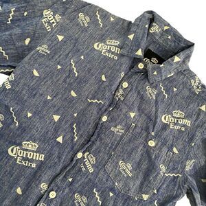 VTG‎ Corona Extra Beer Logo Hawaiian Shirt Blue Sz M Button Down Frat Party